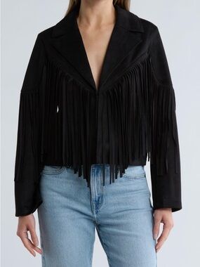 NWT - Lucky Brand Black Faux Suede Fringe Crop Jacket